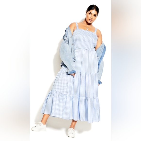 City Chic Sky Blue Gingham Maxi Dress Classic Boho Chic NWT Size M Beach Summer - Picture 1 of 15